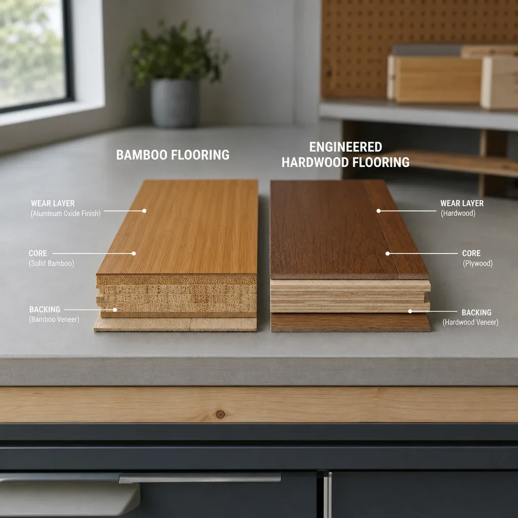 Cross-section comparison of bamboo and engineered hardwood floor construction.