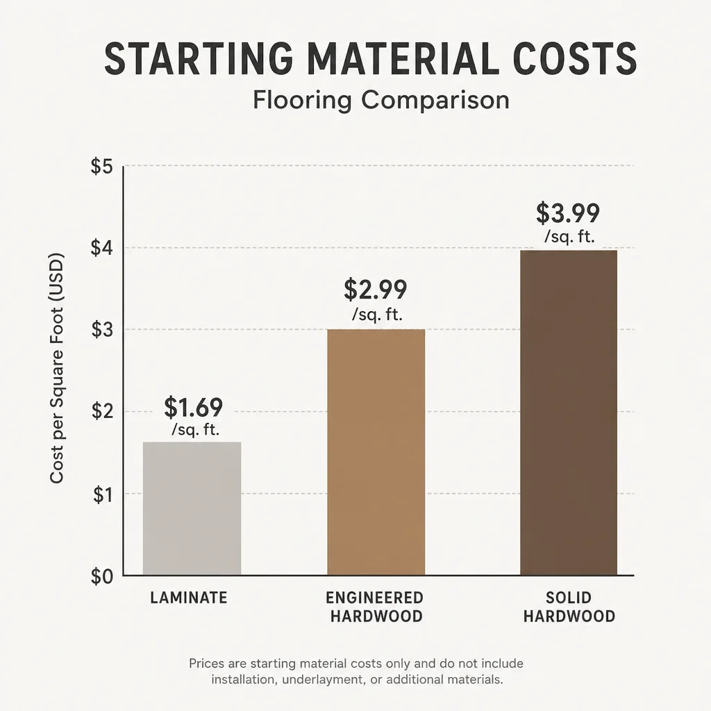 A simple bar chart comparing starting material costs for laminate, engineered hardwood, and solid hardwood.