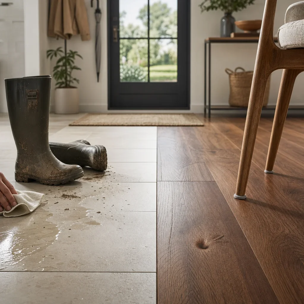 An entryway comparing how tile and hardwood handle water, grit, and dents.