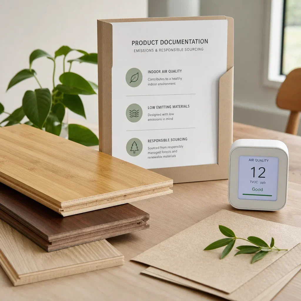 Bamboo and hardwood samples with an air quality monitor and documentation suggesting eco and indoor air quality considerations.