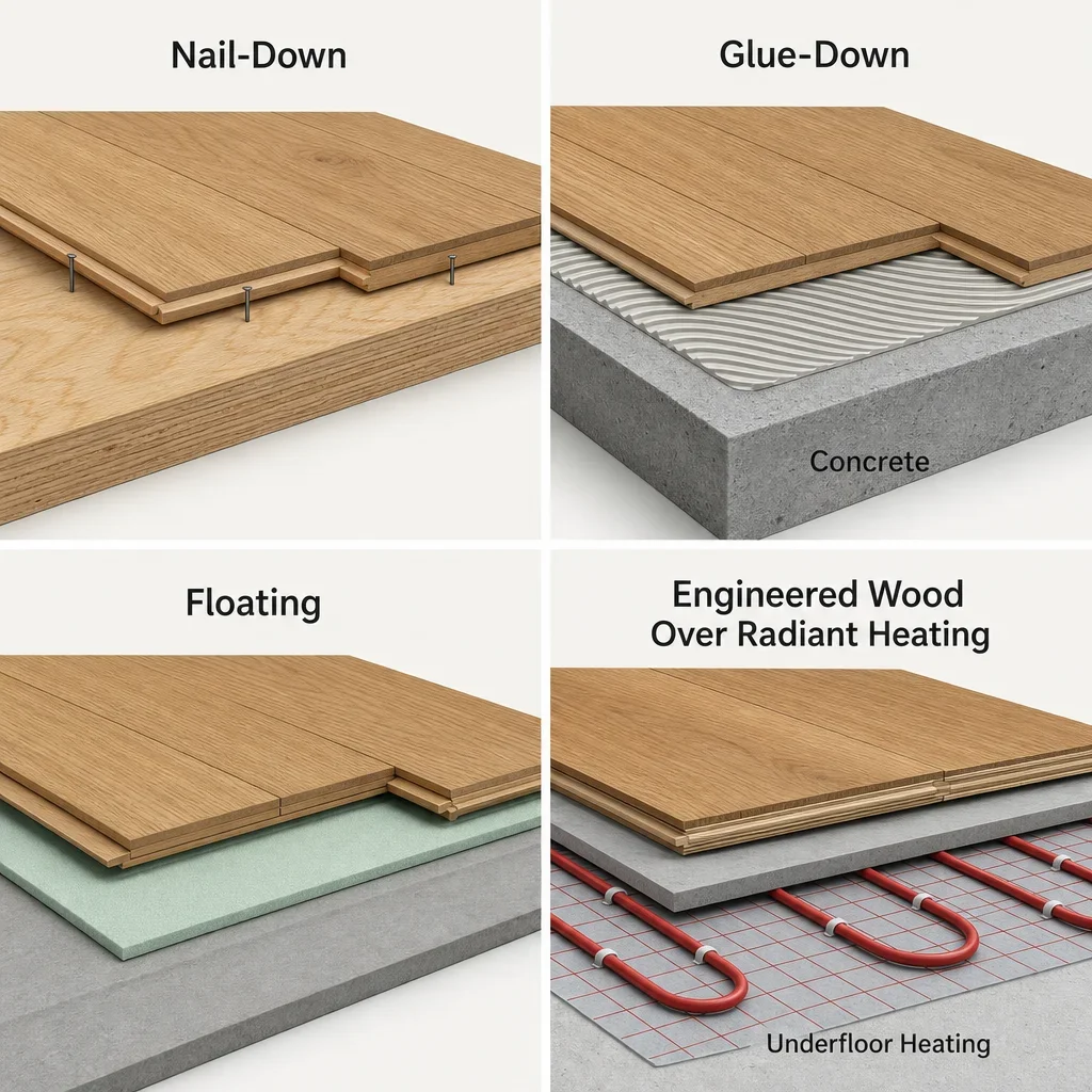 A simple installation diagram showing nail-down, glue-down, floating, concrete, and underfloor heating options.