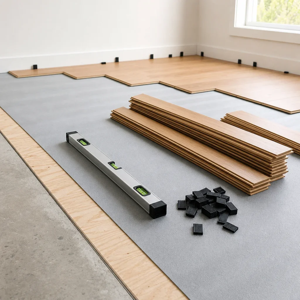 A subfloor prep scene with flooring planks, underlayment, and leveling tools before installation.