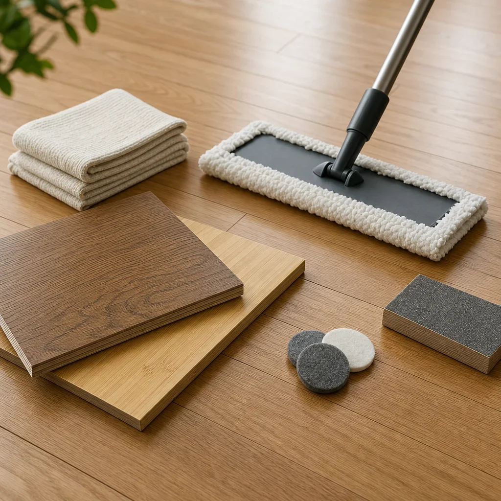 Flooring maintenance items beside bamboo and hardwood samples to show care and refinishing.