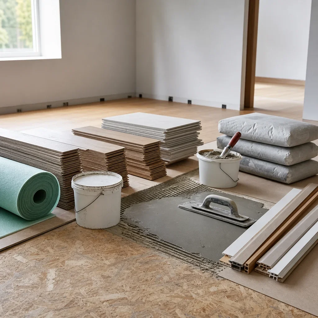 Renovation materials and subfloor prep items laid out to show flooring cost factors.