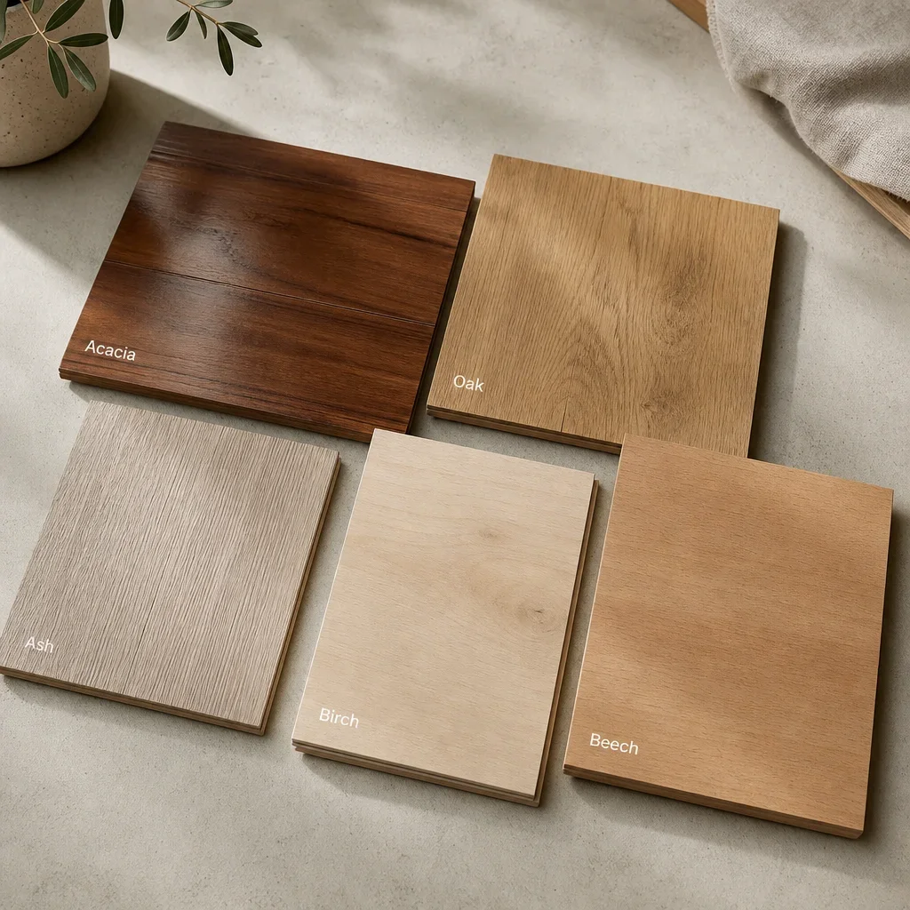 Wood flooring samples showing acacia, oak, ash, birch, and beech for a pros-and-cons comparison.