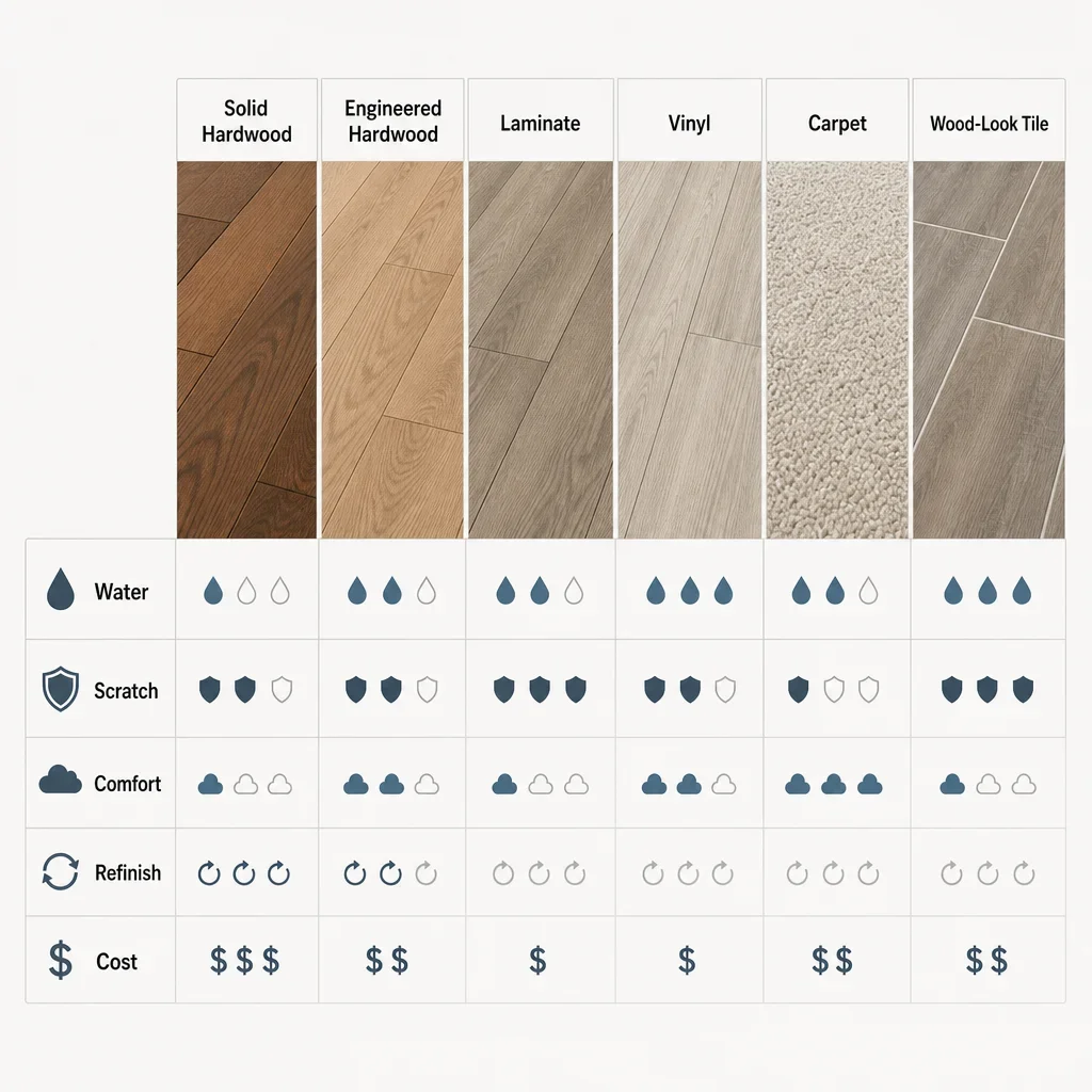 A comparison chart showing hardwood, laminate, vinyl, carpet, and wood-look tile across key factors.