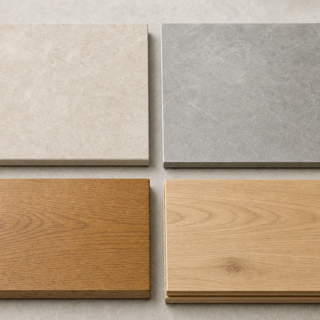 Four flooring samples arranged for comparison: ceramic, porcelain, solid hardwood, and engineered hardwood.