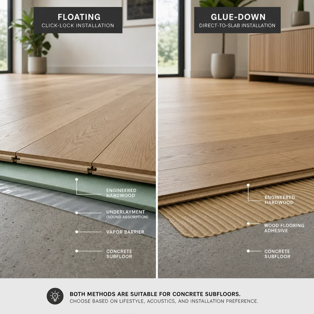 A side-by-side comparison of floating and glue-down engineered hardwood installation over concrete.