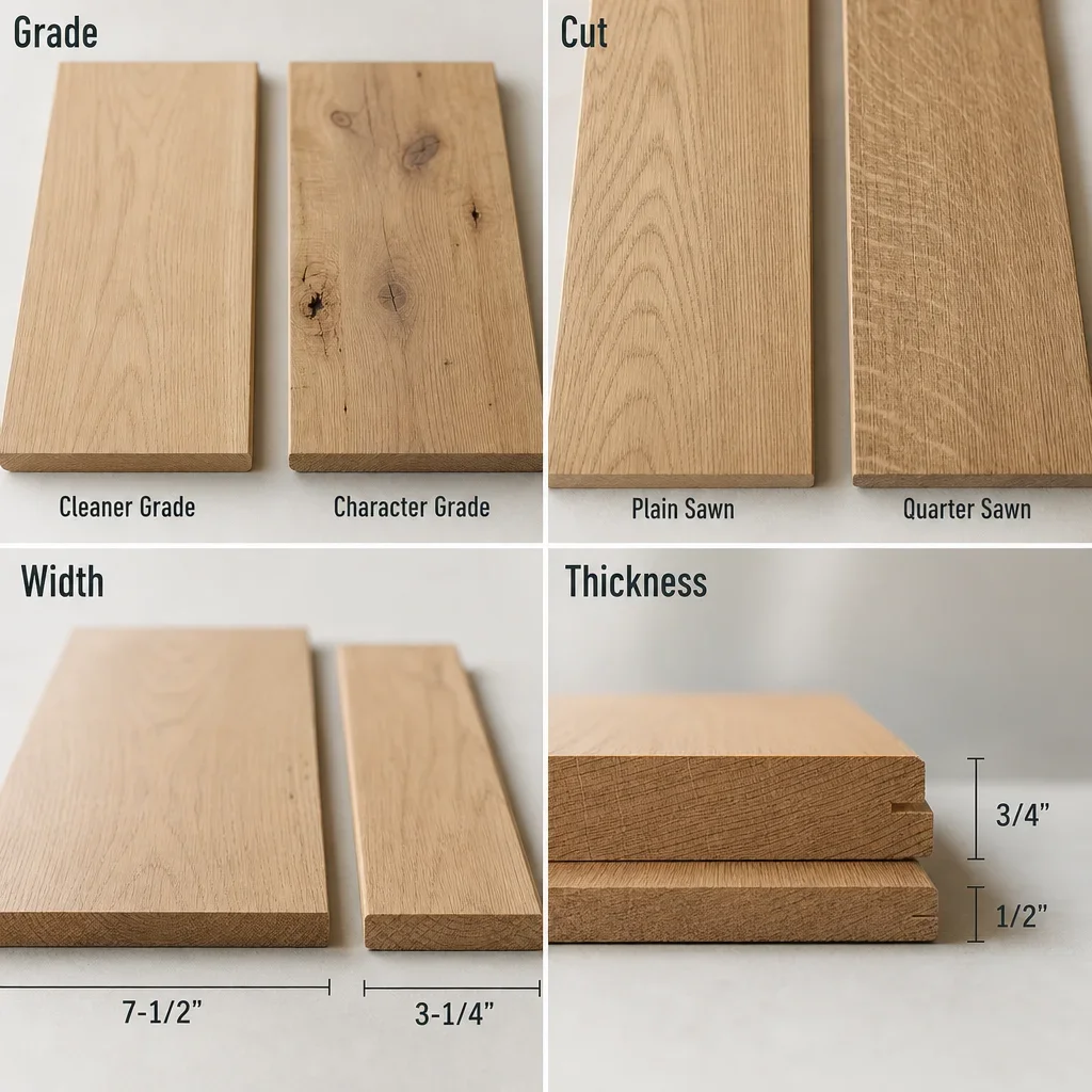 A labeled comparison of hardwood grade, cut, width, and thickness.