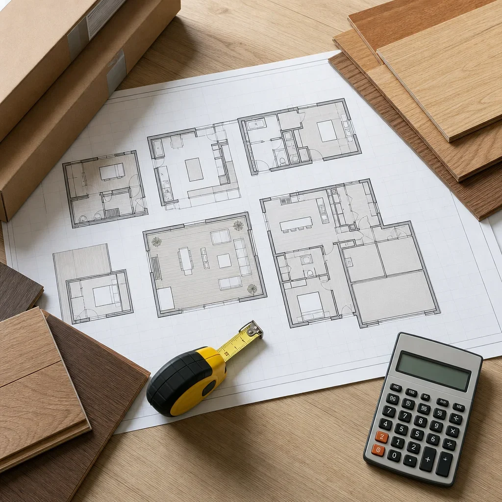Flooring estimate workspace showing measurements and hardwood boxes