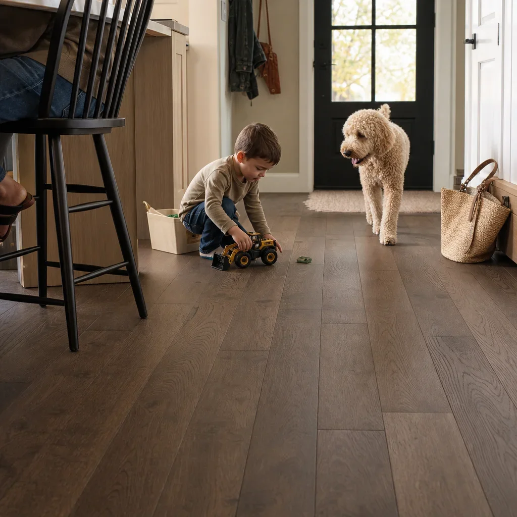 A busy family home with a hardwood floor in a kitchen-entry area, showing real-world wear considerations.