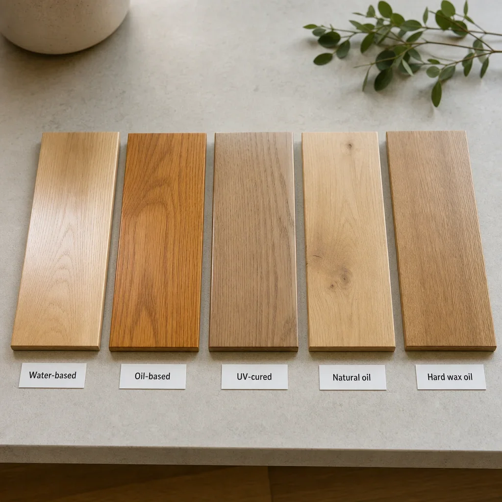 A comparison of hardwood floor finish sample boards with different sheens and tones.