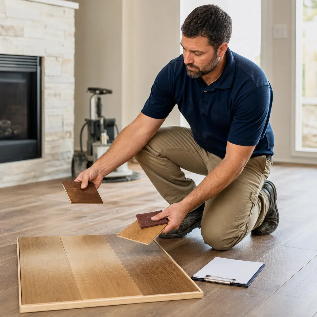 A contractor comparing hardwood finish samples and sanding tools on a floor.