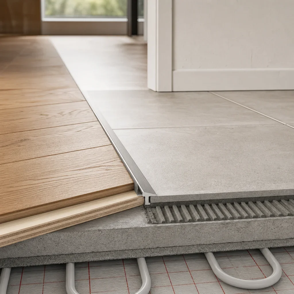 Hardwood flooring meeting another surface over a prepared subfloor with a radiant-heat detail below.