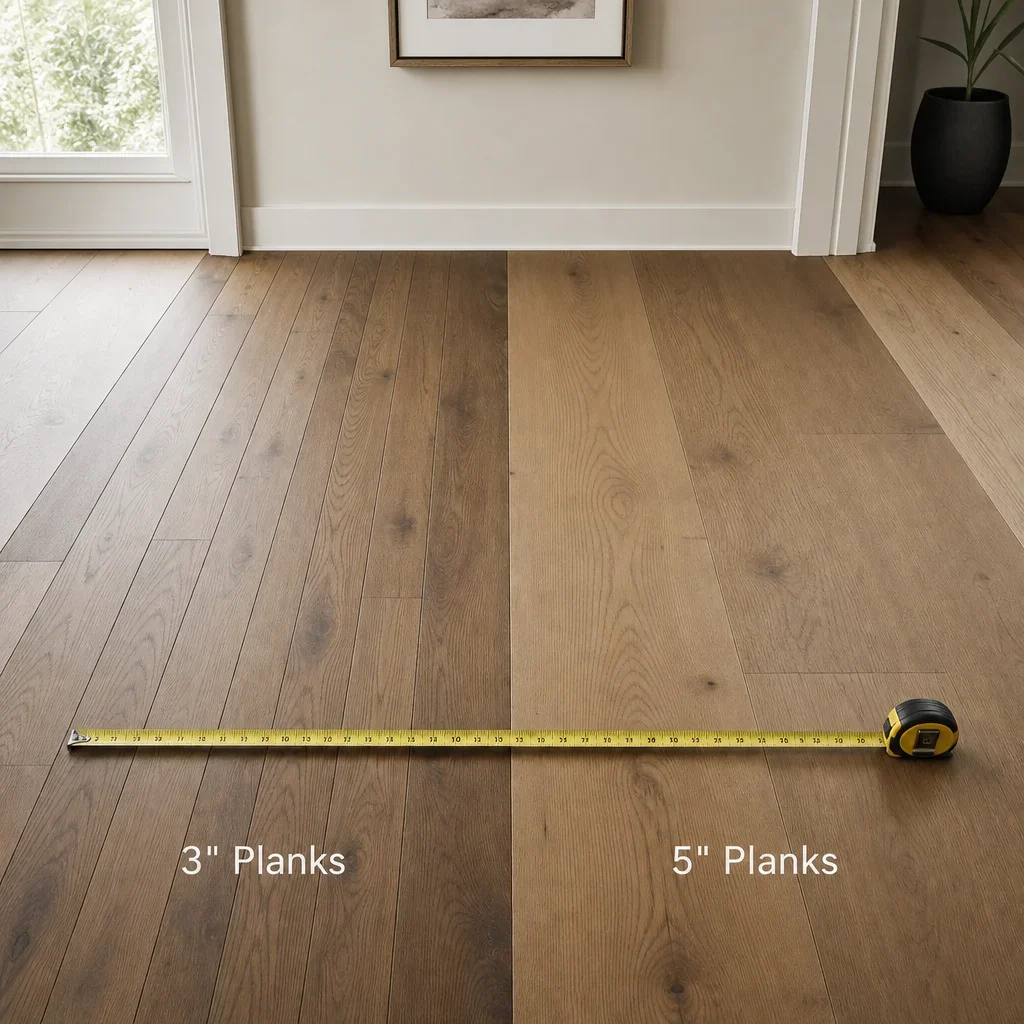 Comparison of 3-inch and 5-inch hardwood plank layouts across the same span.