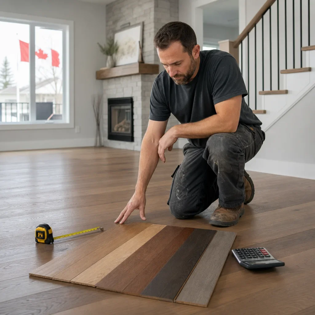 A contractor measuring hardwood samples in a home interior