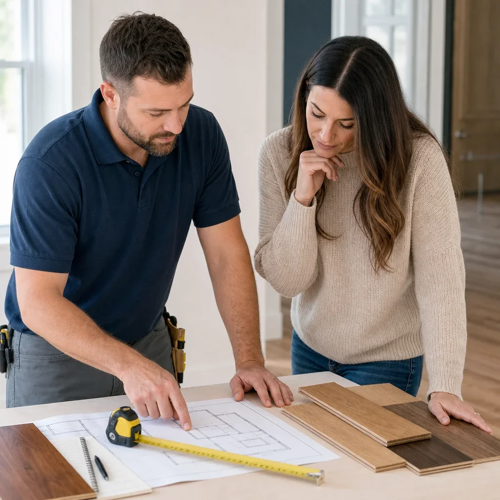 Two people reviewing hardwood flooring measurements and samples