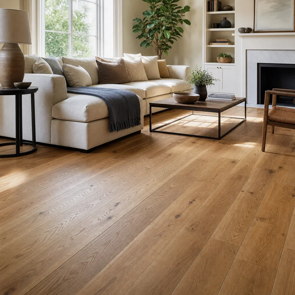 A bright living room highlighting the warm, natural look of hardwood flooring.