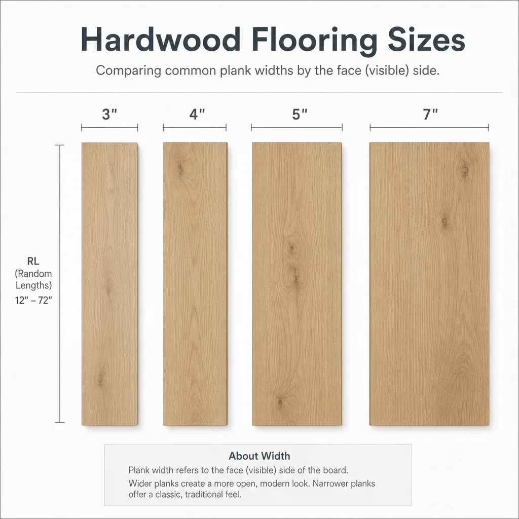 A simple chart comparing hardwood plank widths of 3, 4, 5, and 7 inches.