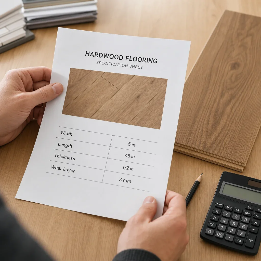 Person reviewing a hardwood flooring specification sheet beside a sample plank.