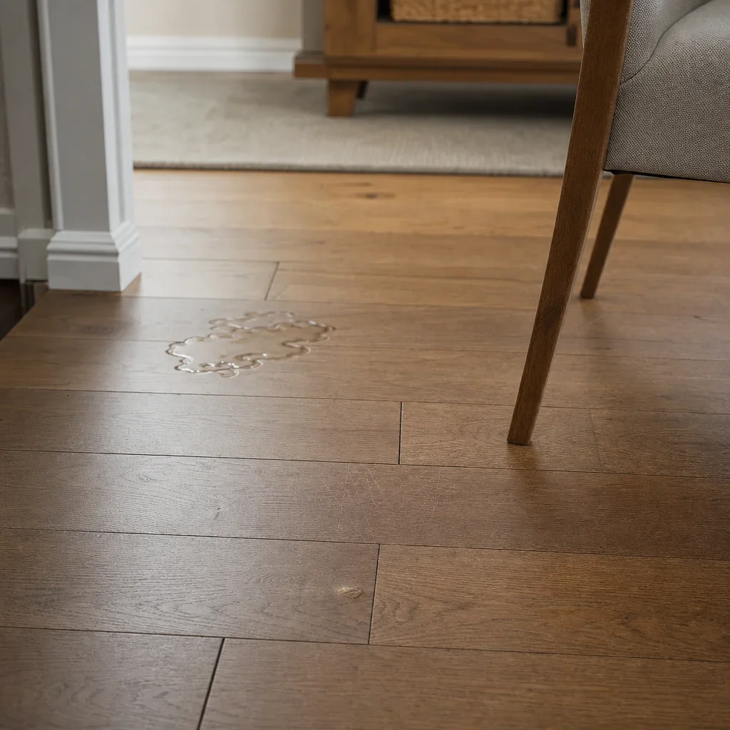A hardwood floor showing scratches, a small spill, and normal wear that illustrate its disadvantages.