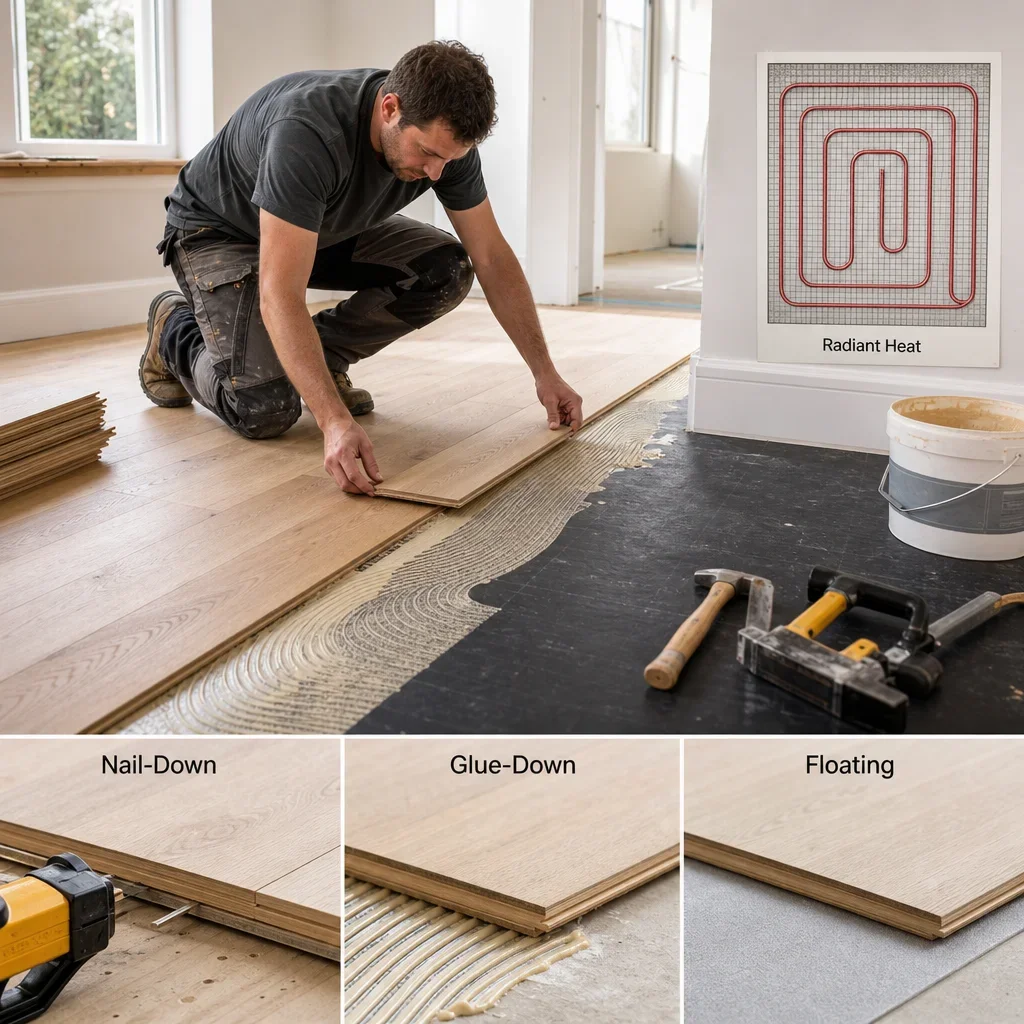 Flooring installer working with engineered hardwood and installation methods in a real renovation setting.