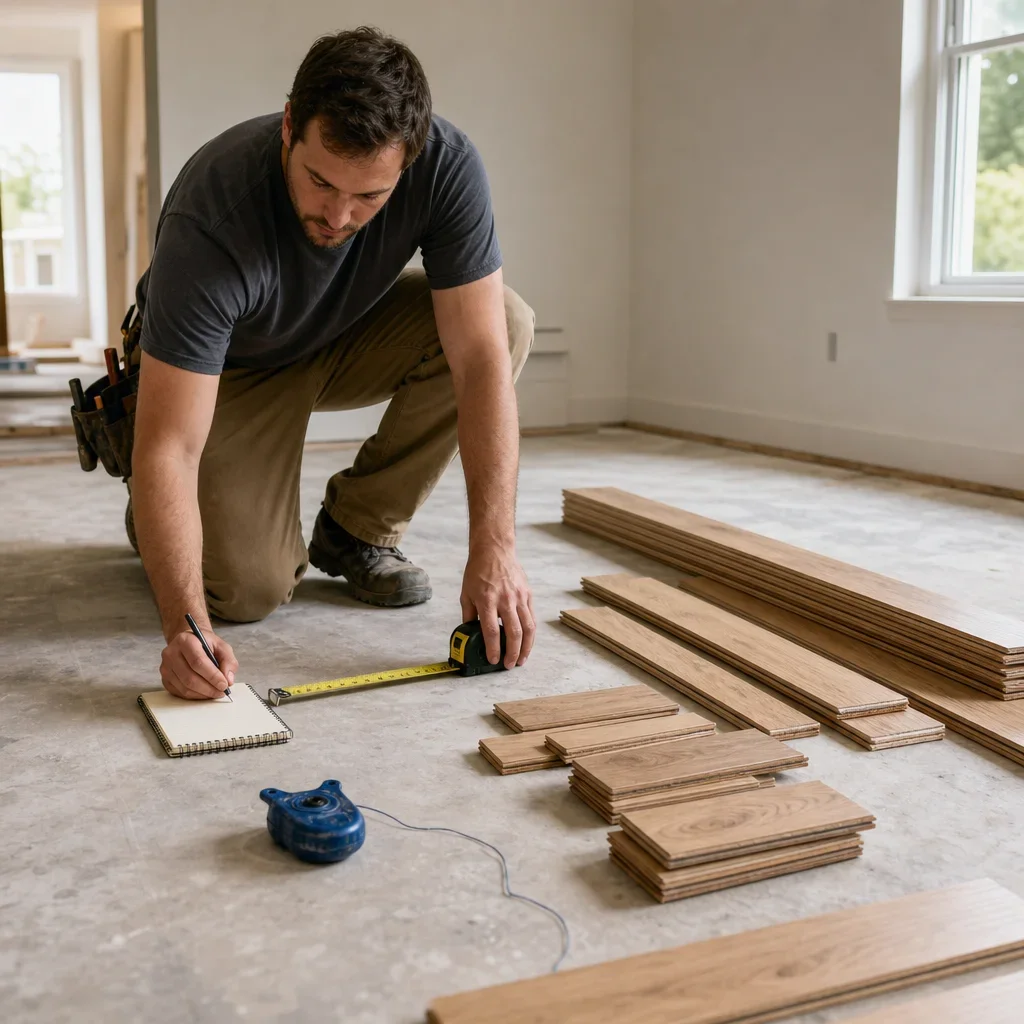 Installer measuring and sorting hardwood planks to plan cuts and ordering quantity.