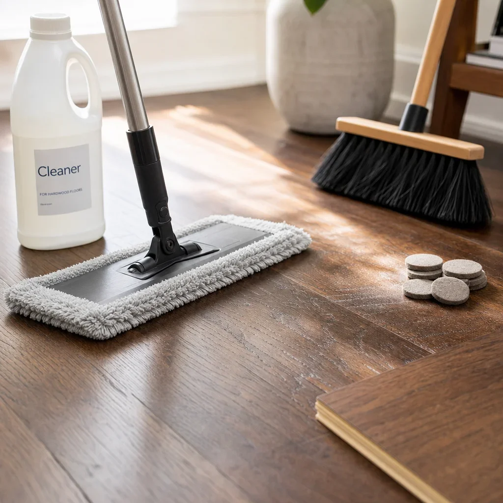 A close-up of hardwood floor cleaning tools and surface care items.