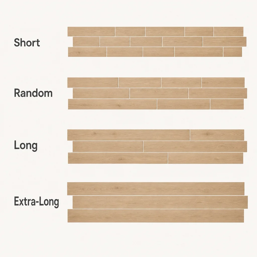 Minimal infographic showing different hardwood plank length patterns from short to extra-long.