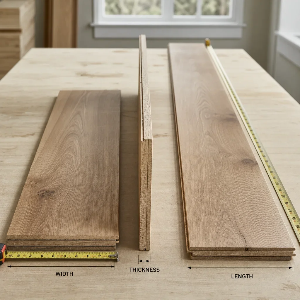 Wooden planks arranged to show width, thickness, and length measurements.
