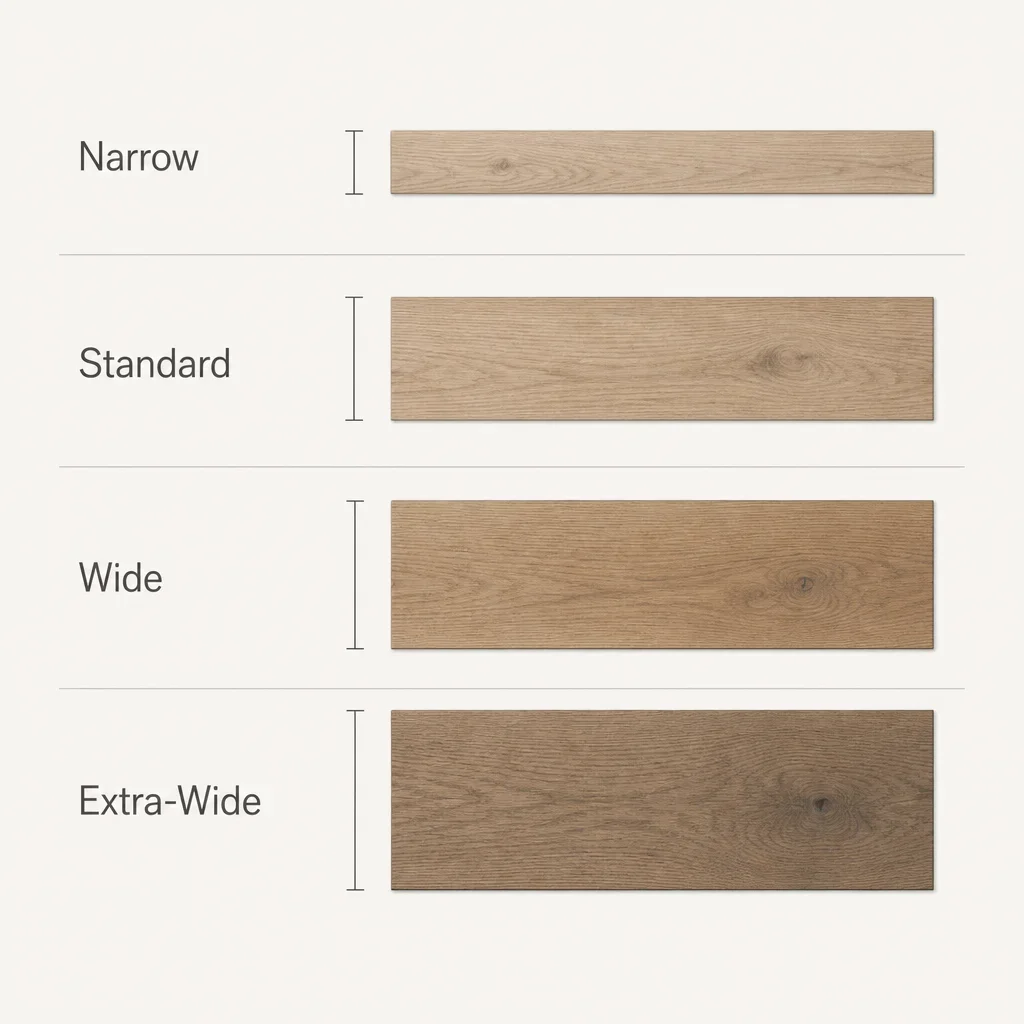 Minimal infographic comparing hardwood plank width categories from narrow to extra-wide.