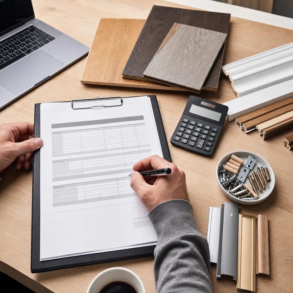 A flooring quote review with samples, calculator, and trim pieces