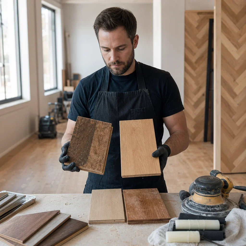 A flooring professional comparing a worn hardwood sample with a freshly refinished sample.