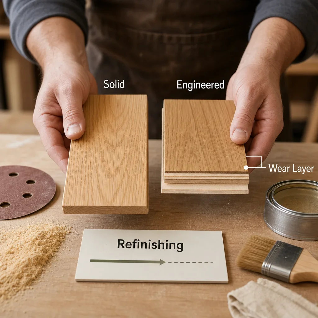 Workshop close-up showing refinishing potential and wear-layer differences between solid and engineered hardwood.