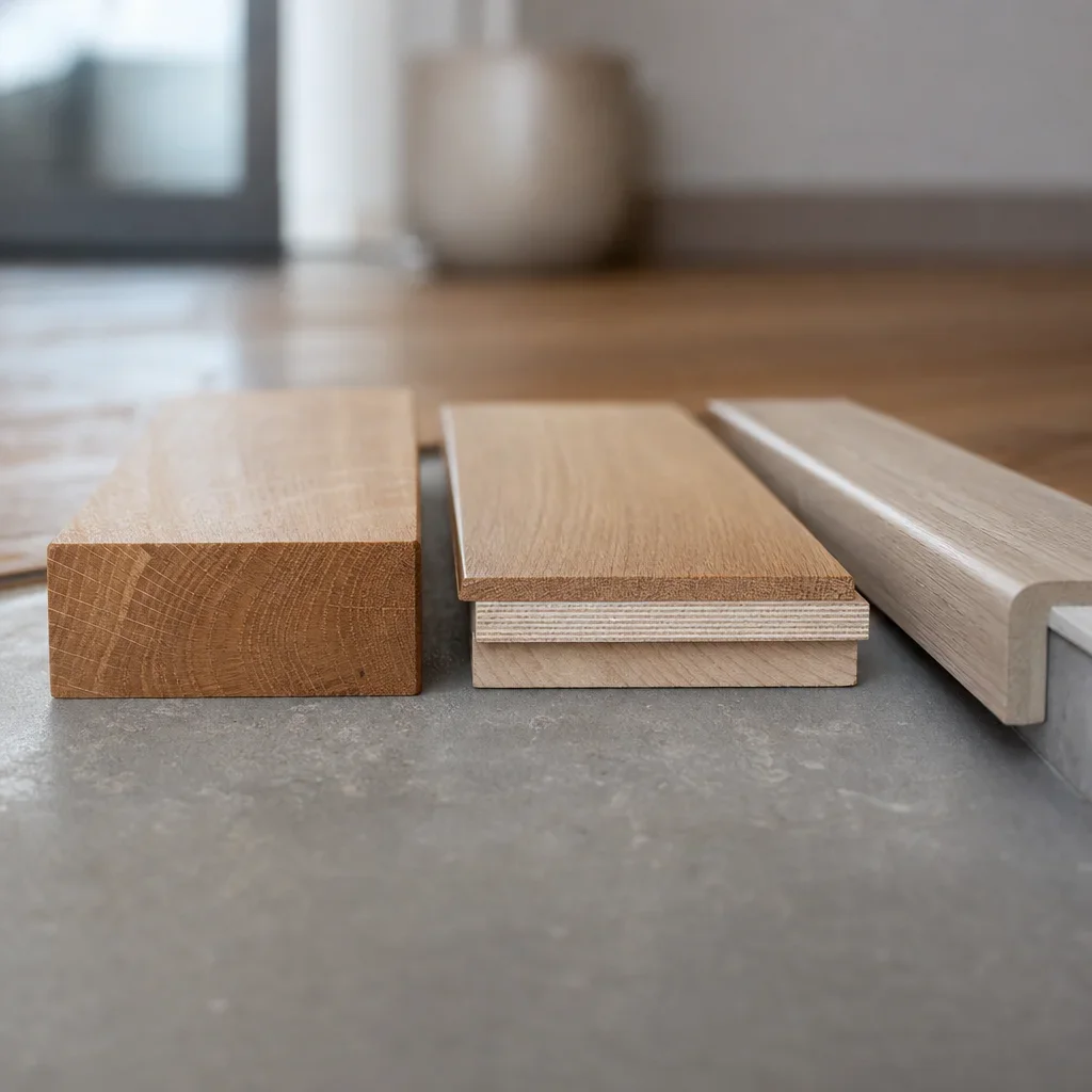 Close-up of hardwood board thickness and wear-layer construction with a transition detail.