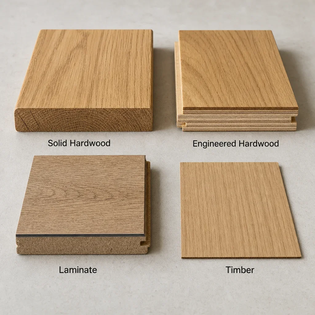 Four labeled flooring sample boards showing the difference between solid hardwood, engineered hardwood, laminate, and timber.