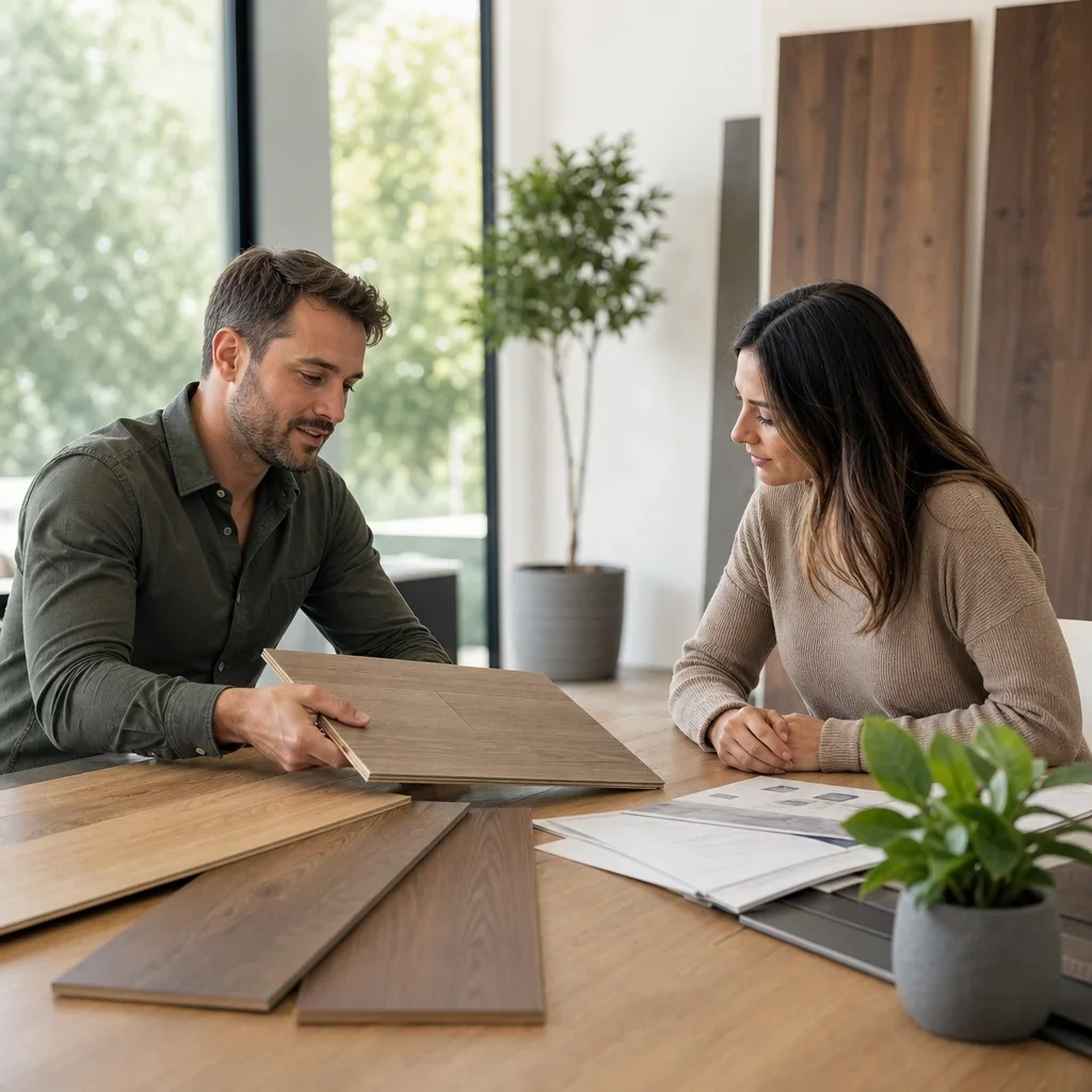 Showroom scene suggesting low-VOC and sustainability considerations for flooring.