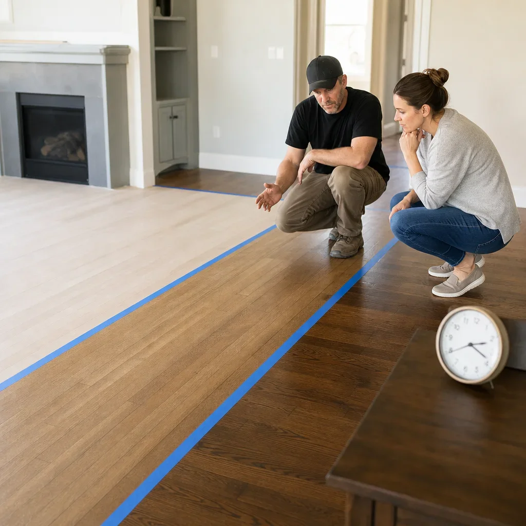 A hardwood floor refinishing project in progress with cure time and access restrictions.