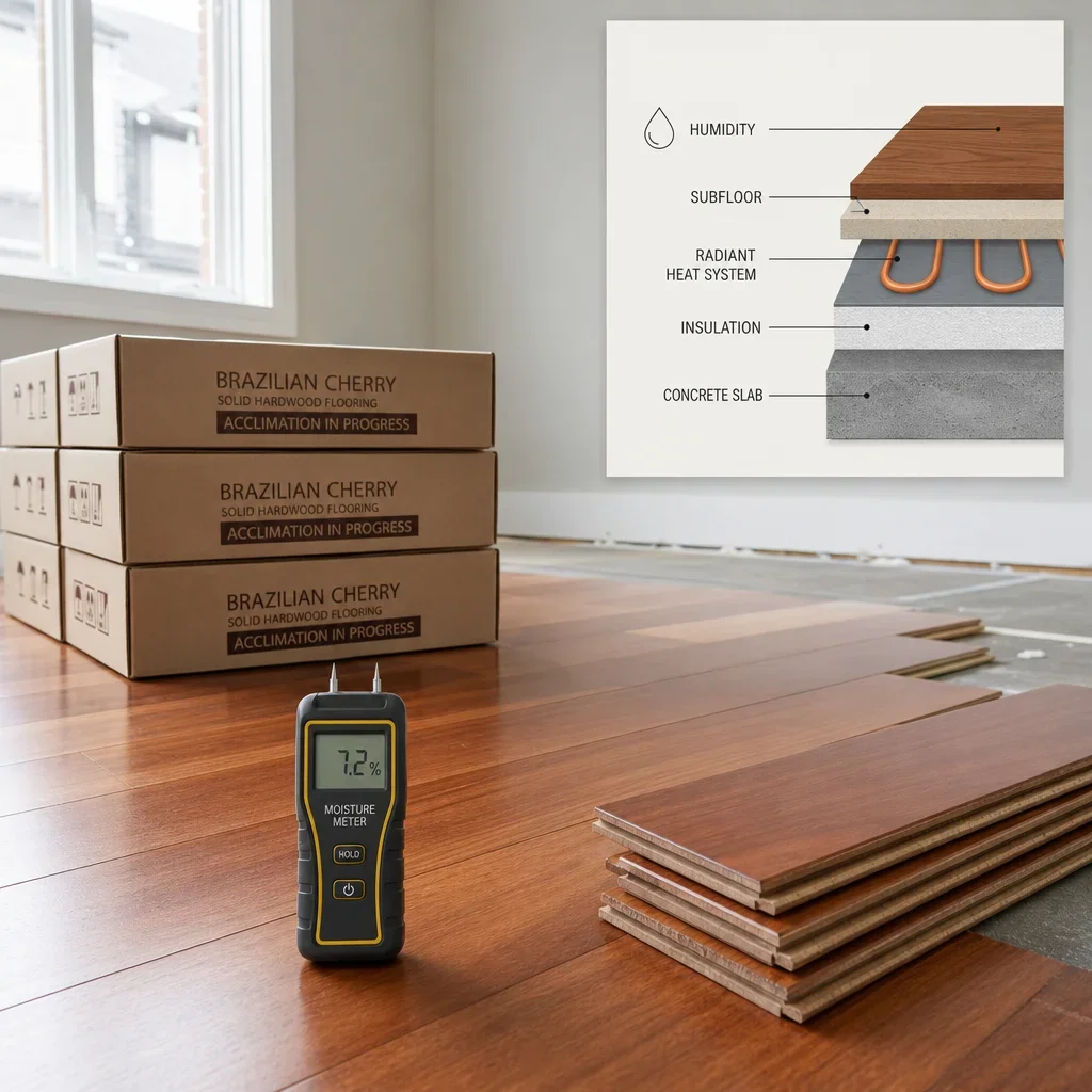Brazilian cherry flooring installation scene with moisture meter and radiant heat diagram inset.
