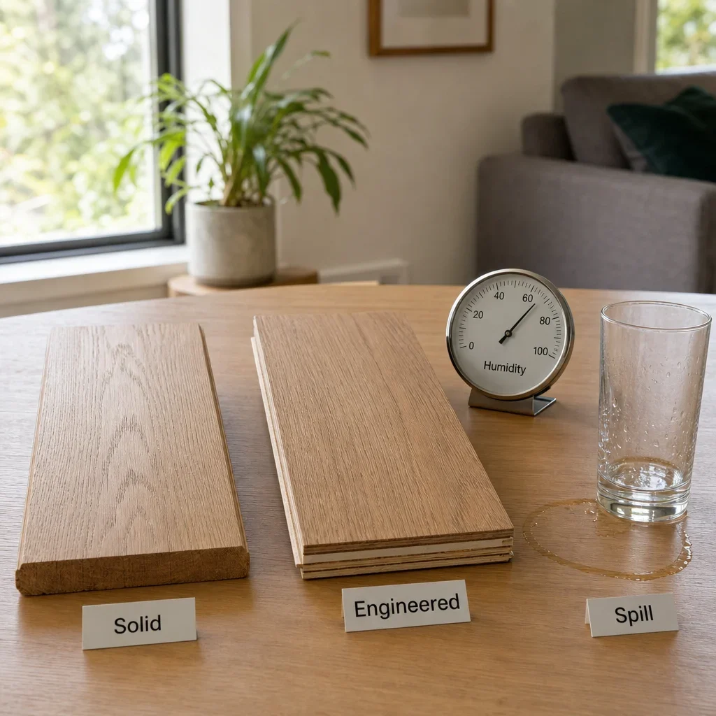 Interior scene with flooring samples, a hygrometer, and a spill to illustrate humidity and moisture behavior.