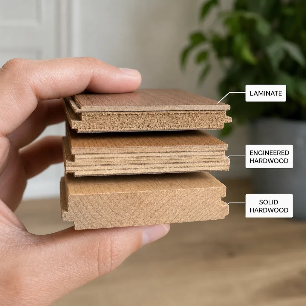 Three cut flooring samples showing how to identify laminate, engineered hardwood, and solid hardwood.