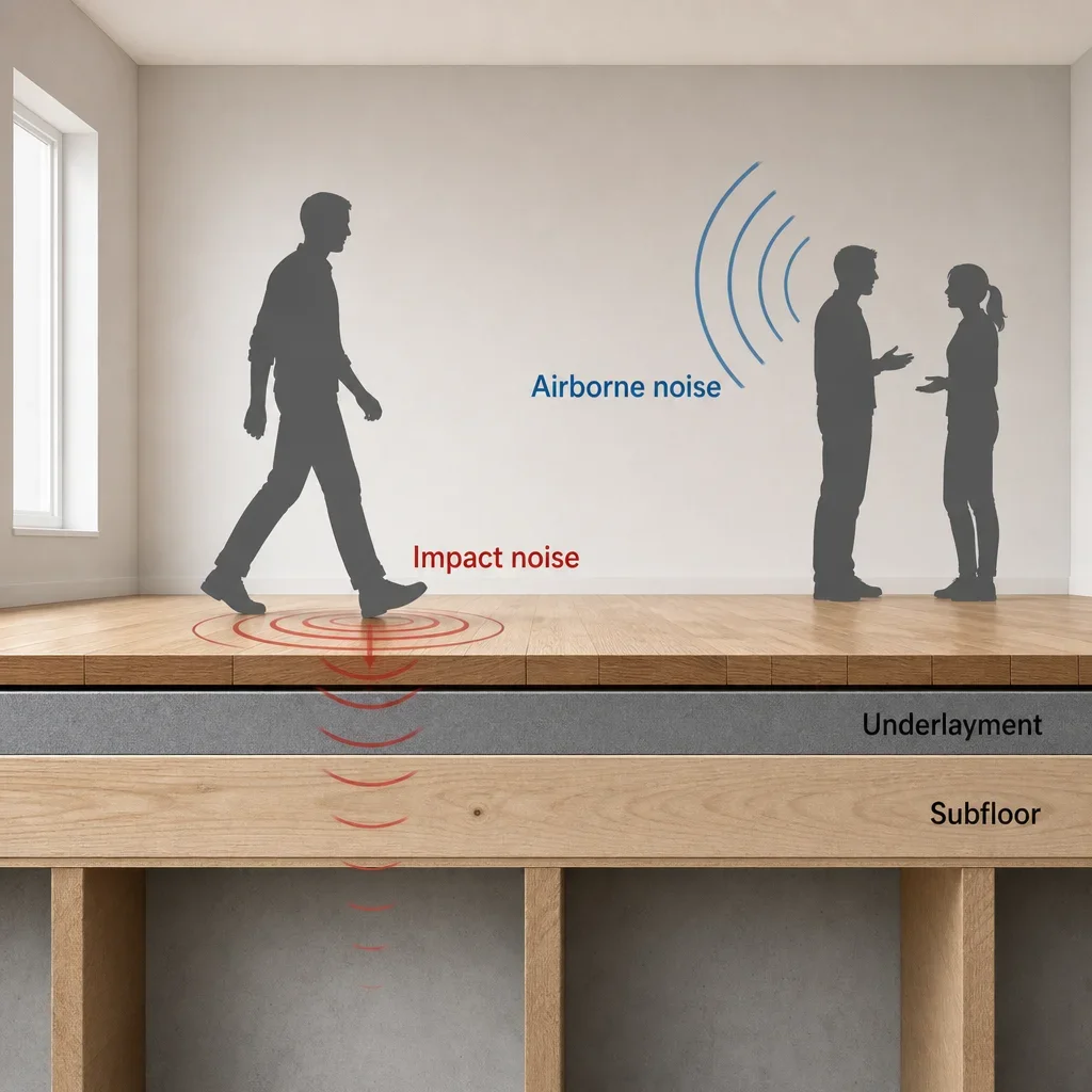 Diagram explaining the difference between impact noise and airborne noise.