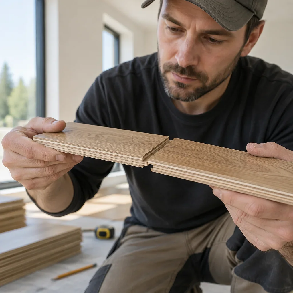 An installer examines the layered edge and joint fit of engineered wood flooring boards.
