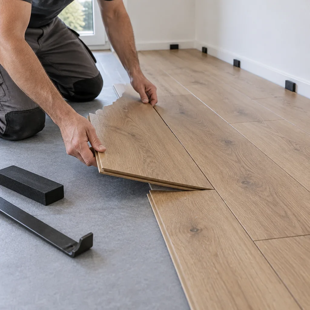 An installer joins a click-lock plank to a floating engineered wood floor with perimeter spacers in place.