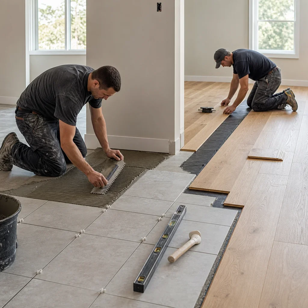 Installation scene comparing tile setup and engineered hardwood installation over a subfloor.