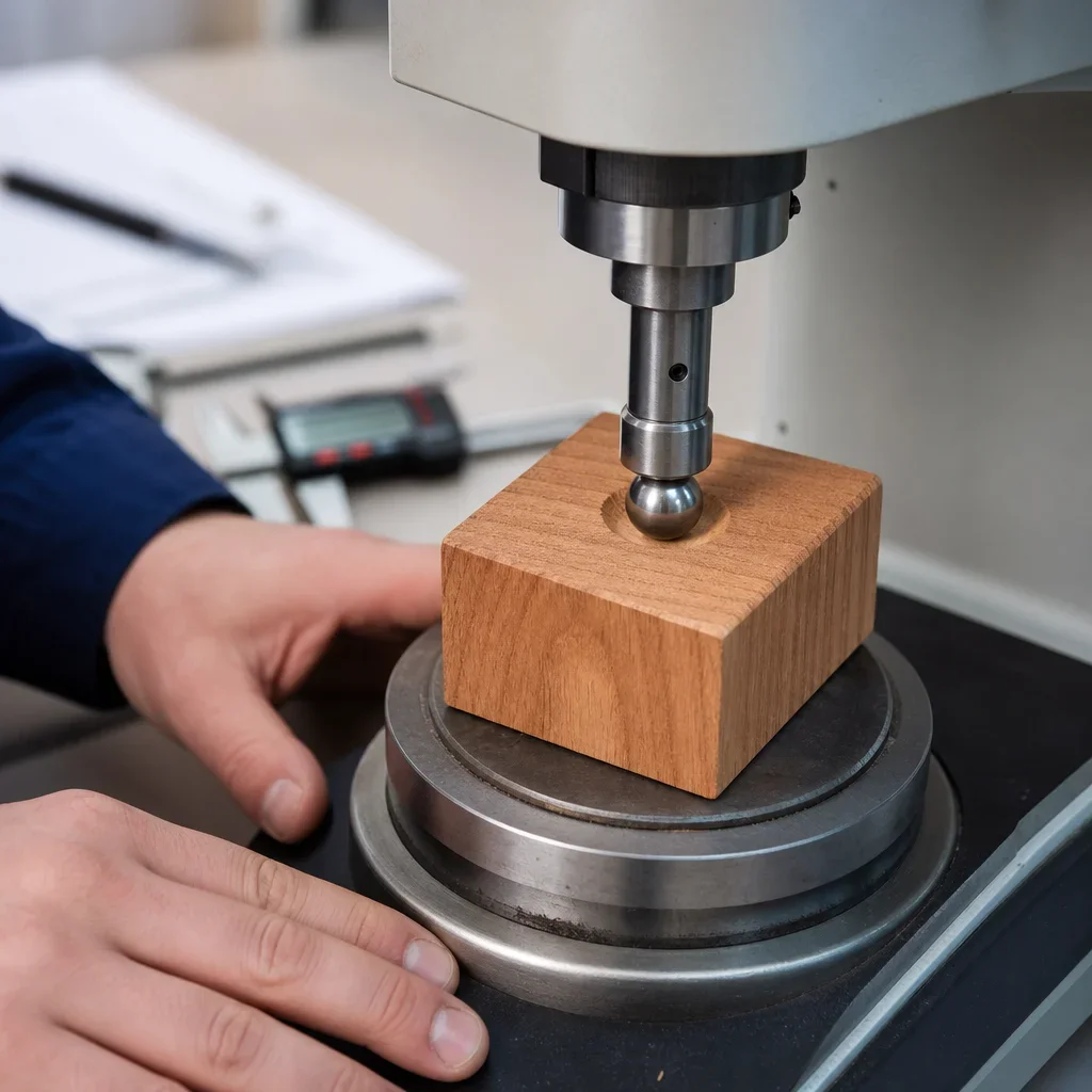 A steel ball hardness test being performed on a wood sample in a lab setting.