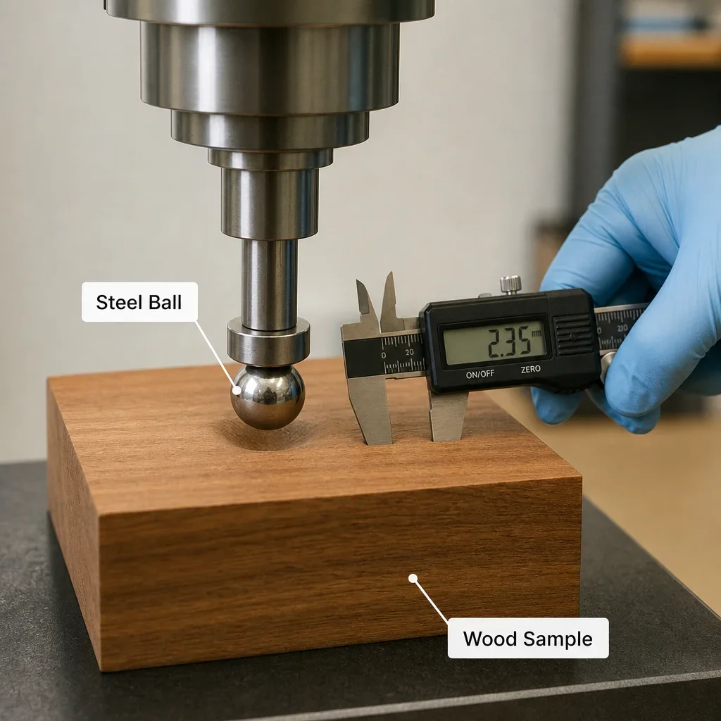 Close-up of a Janka hardness test measuring a steel ball indentation in wood.