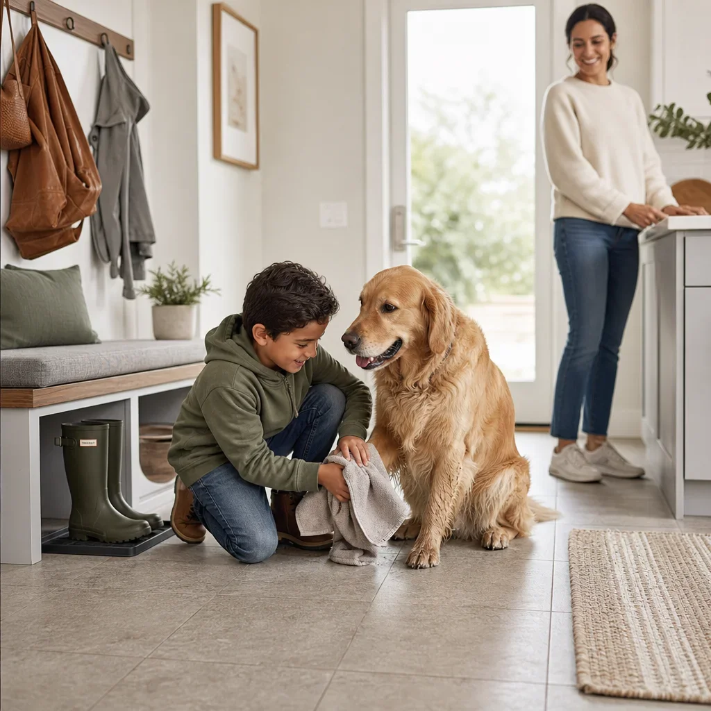 Family home scene with a child, dog, and textured flooring highlighting safety and slip resistance.