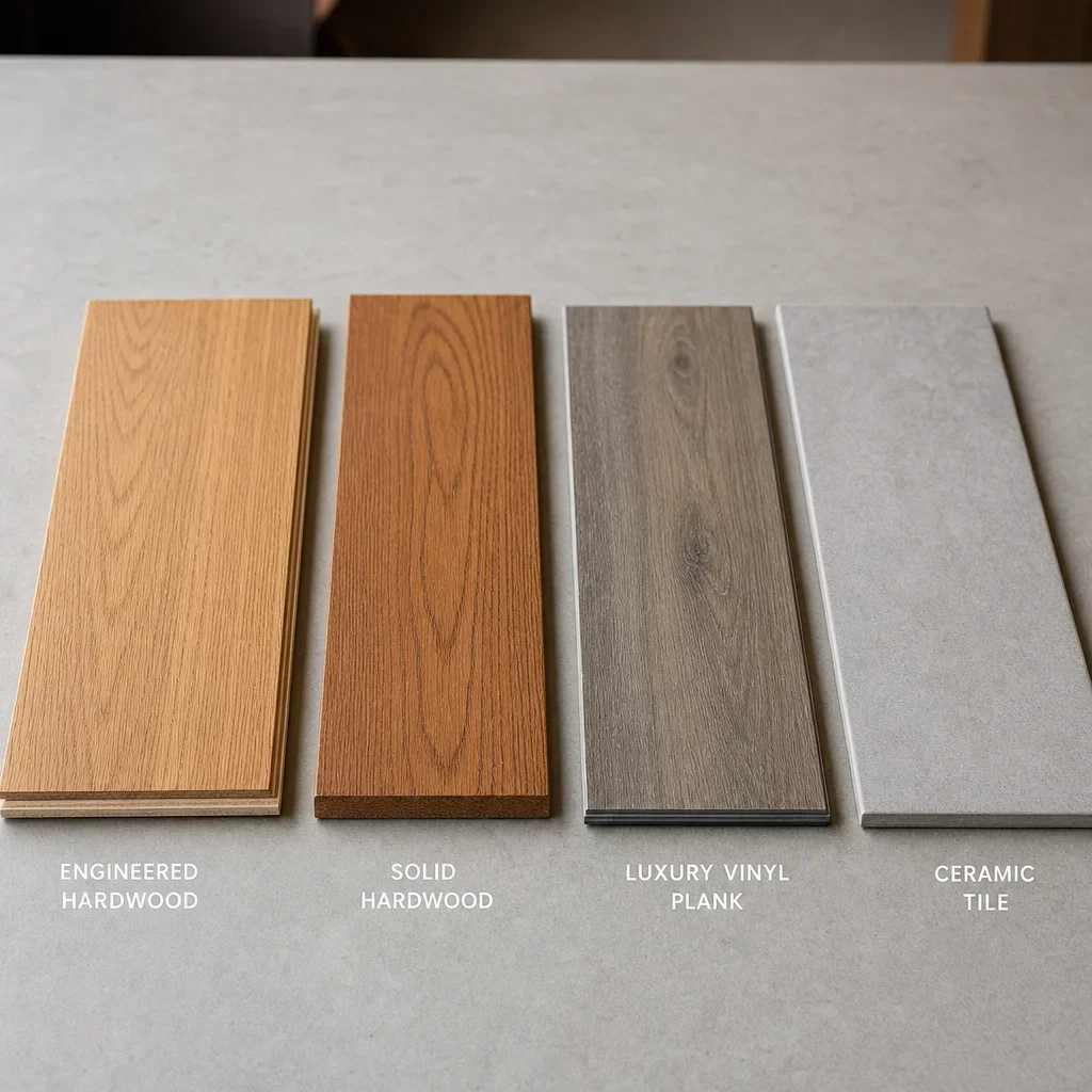 Side-by-side flooring samples comparing engineered hardwood, solid hardwood, vinyl plank, and tile.