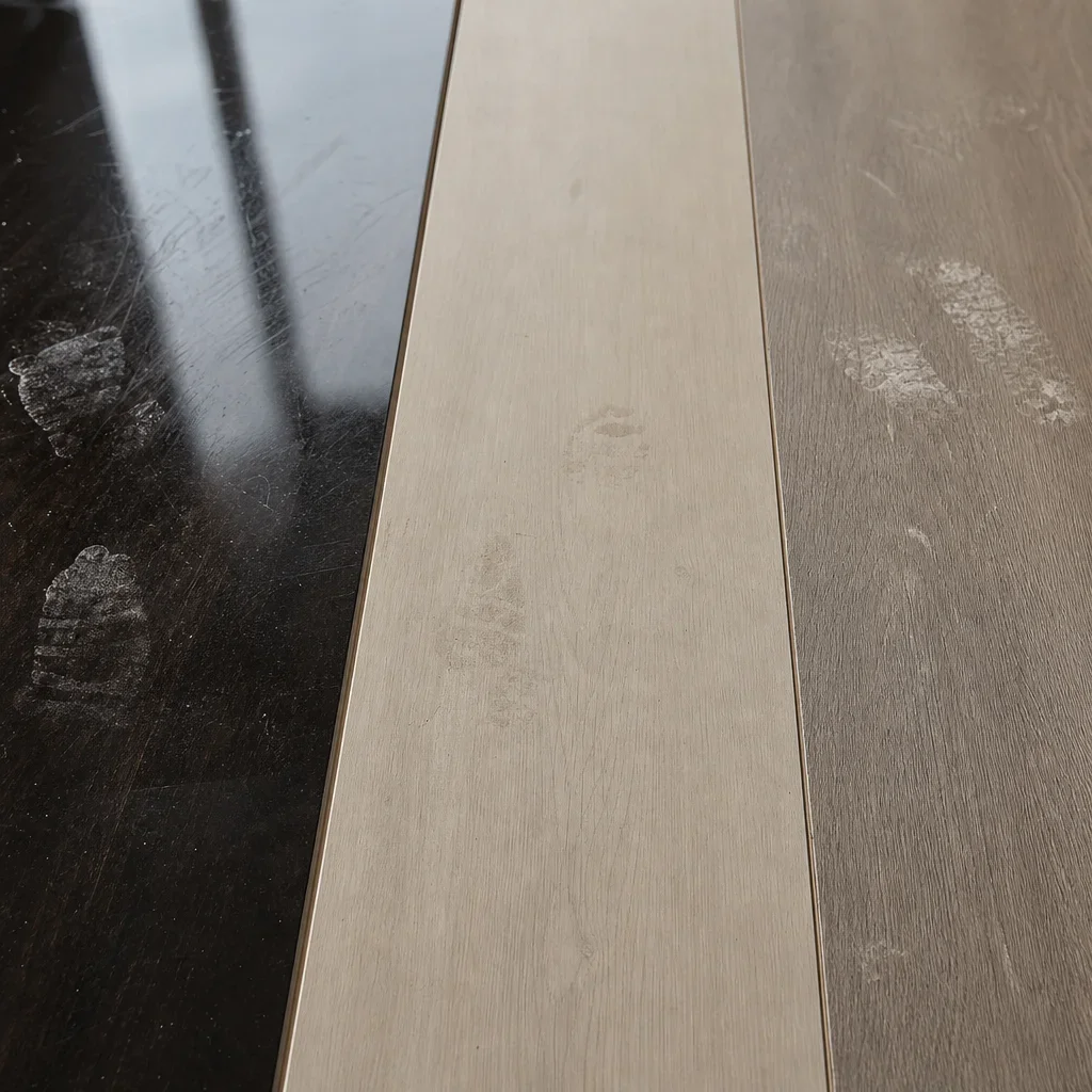 Close-up comparison of laminate finishes showing which colors and sheens hide dust and marks better.